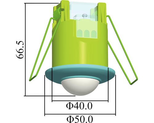Teknisk ritning av en infälld spotlight med måtten 66,5 mm höjd och diametrar på 40 mm och 50 mm.