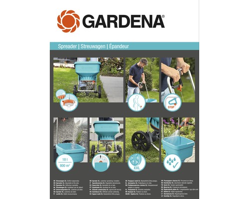 Produktbild av Gardena spridarvagn XL med detaljer och användningsexempel