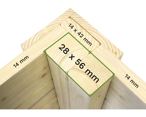 Detaljvy av en träram med dimensionerna 14 mm, 14 x 42 mm och 28 x 56 mm.
