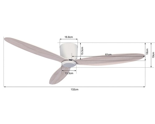 Mått på en takfläkt med tre blad och måtten 132 gånger 19 centimeter.