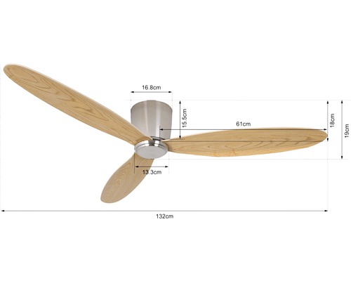 Takfläkt med tre blad och måttangivelser