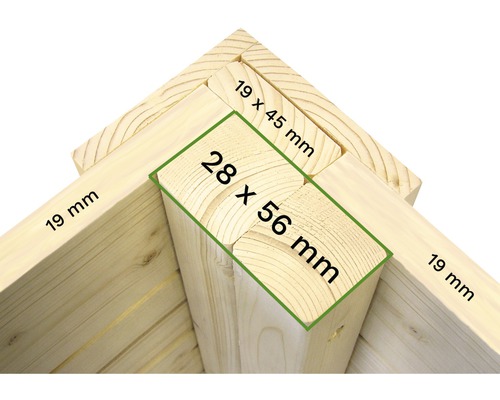Detalj av träkonstruktion med mått 19 mm, 19 x 45 mm, 28 x 56 mm