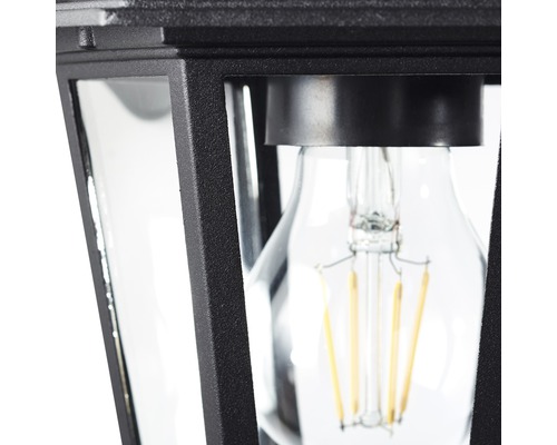 Detaljvy av en svart utomhuslampa med en glödlampa.