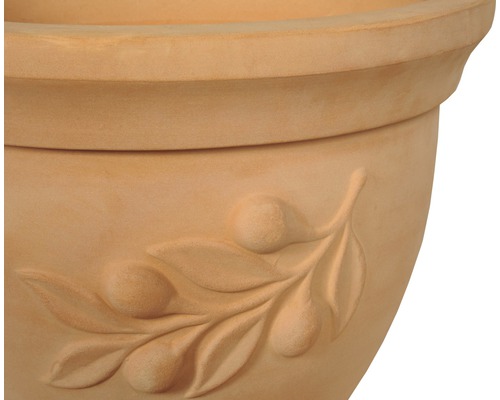 Detaljbild av terrakottakruka med olivkvistmotiv