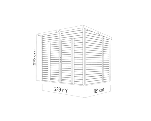 Illustration av ett trädgårdsskjul med måtten 210 cm högt, 239 cm brett och 181 cm djupt.