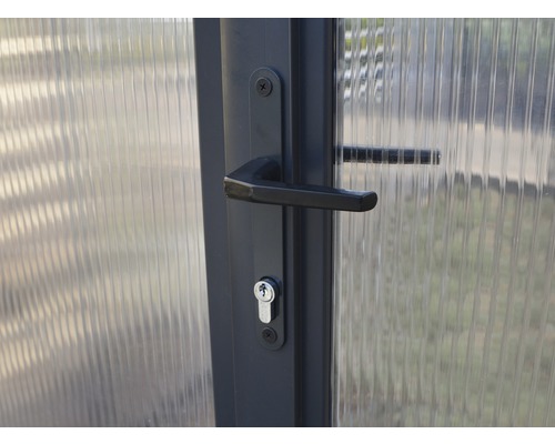 Detaljvy av en låsbar dörr med handtag och polykarbonatglas