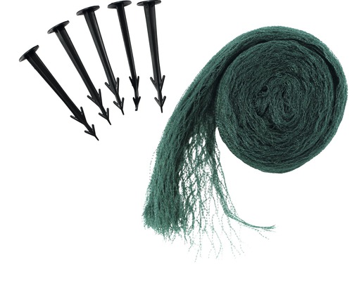 Grönt fågelskyddsnät med markpinnar