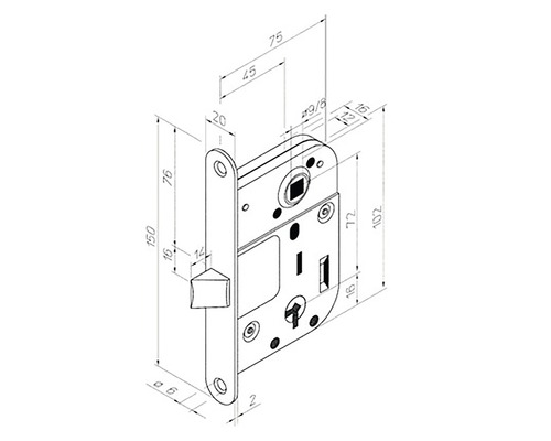 Teknisk ritning av ett instickslås med mått