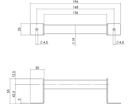 Teknisk ritning av ett möbelhandtag med måttangivelser