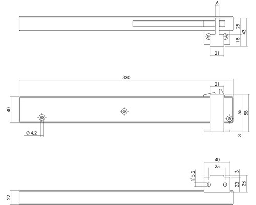 Teknisk ritning av ett fönsterhandtag med dimensioner