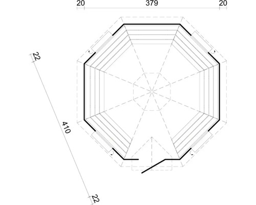 Vy från ovan av trädgårdshusets planlösning med måttangivelser