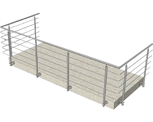 Räcke i rostfritt stål med horisontella fyllnadsstavar på betong