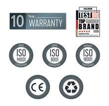 10 års garanti, Palram Test Bild Toppträdgårdsmärke 2020, ISO 14001, ISO 9001, OHSAS ISO 18001, CE-märkning, Återvinningssymbol