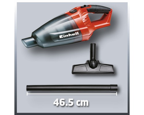 Einhell Logo, sladdlös handdammsugare med munstycksfästen och ett 46,5 cm långt rör.