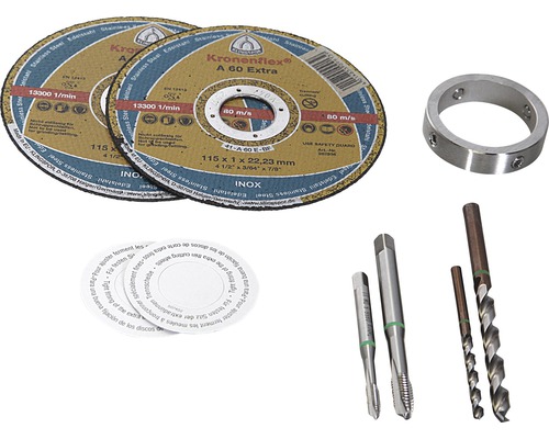 Två kapskivor, en ring, två gängtappar och två spiralborrar