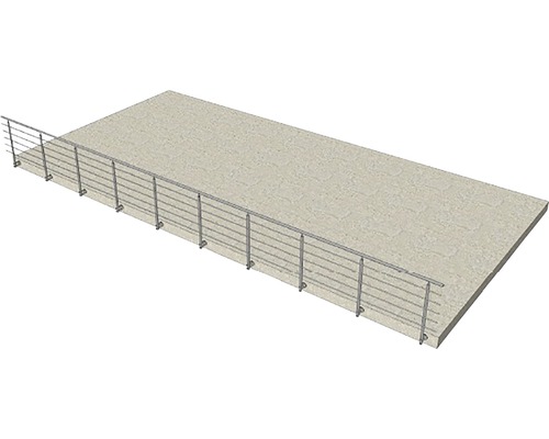 Vy över ett balkongräcke i rostfritt stål på en betongbalkong