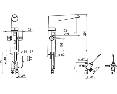 Teknisk ritning av en armatur med mått