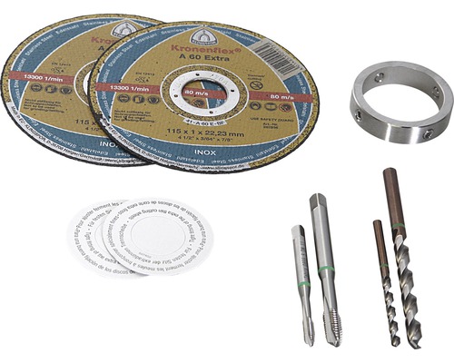 Två kapskivor, en metallring, två gängtappar, två spiralborrar