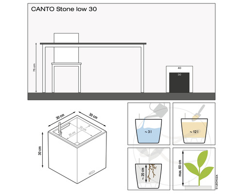 Illustration med måttangivelser för Canto Stone Low 30 blomkruka