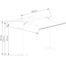 Teknisk ritning av en markis med måtten 400 gånger 300 centimeter och en höjd på 215 till 265 centimeter.