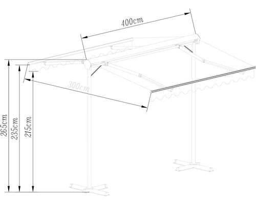 Teknisk ritning av en markis med måtten 400 gånger 300 centimeter och en höjd på 215 till 265 centimeter.