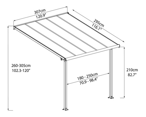 Teknisk ritning av ett terrasstak med mått