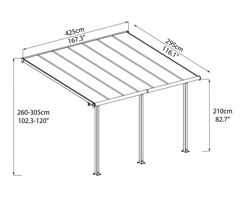 Teknisk ritning av ett terrassöverdrag med mått