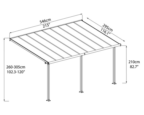 Teknisk ritning av ett terrassöverdrag med uppgifter om bredd, höjd och djup.