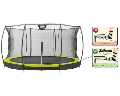 EXIT Trampolin med säkerhetsnät och säkerhetsinformation om skydd mot att klämma fingrarna