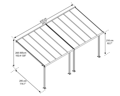 Mått på ett terrasstak med en längd på 619 cm, en bredd på 295 cm och en höjd på 210 cm