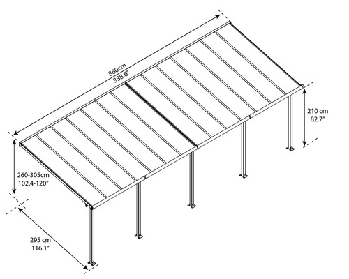 Teknisk ritning av ett terrasstak med mått