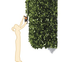 Illustration av en kvinna som klipper en hög häck med en häcksax