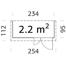 Ritningsplan med ytangivelse 2,2 kvadratmeter och dimensioner