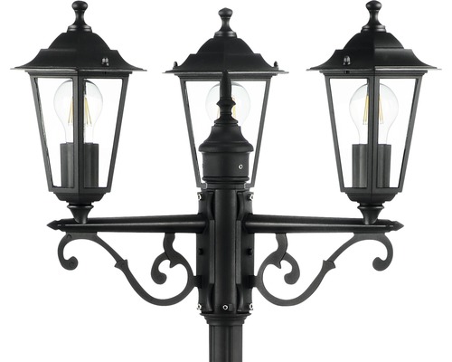 Svart gånglampa med tre ljuskällor och klart glas