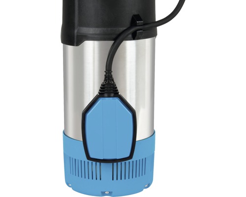 Detaljvy av en dränkbar pump i rostfritt stål med flottörbrytare