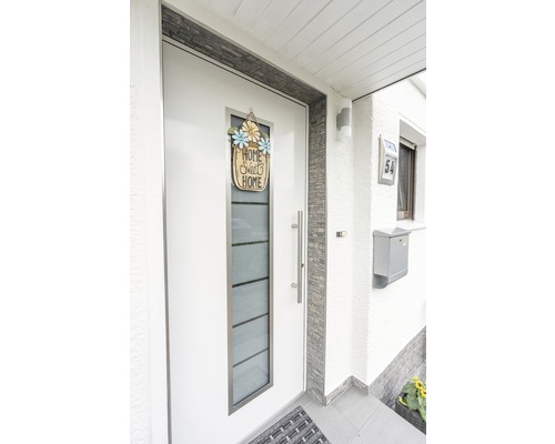 Entré till ett hus med ytterdörr, husnummer och brevlåda