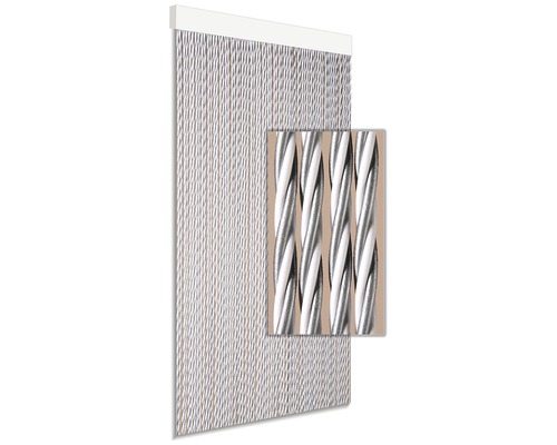 Gardin av tvinnade snören med vit upphängningsskena