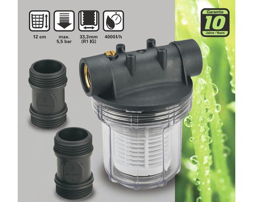 Husvattensystemsfilter med en storlek på 12 cm, maximalt 5,5 bar, 33,3 mm (R1 IG) och 4000 l/h med 10 års garanti.