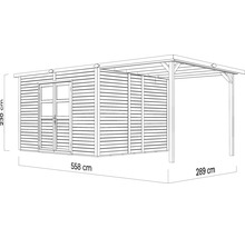 Illustration av ett trädgårdshus med carport med måtten 558 cm bred, 230 cm hög och 289 cm djup.
