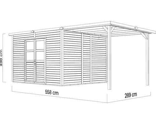 Illustration av ett trädgårdshus med carport med måtten 558 cm bred, 230 cm hög och 289 cm djup.