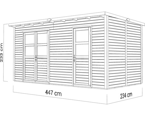 Trädgårdsskjul med dubbeldörr och enkel dörr, mått 447 cm x 234 cm x 233 cm