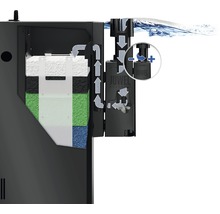 Akvarium innerfilter med filtermedia och vattencirkulationsdiagram