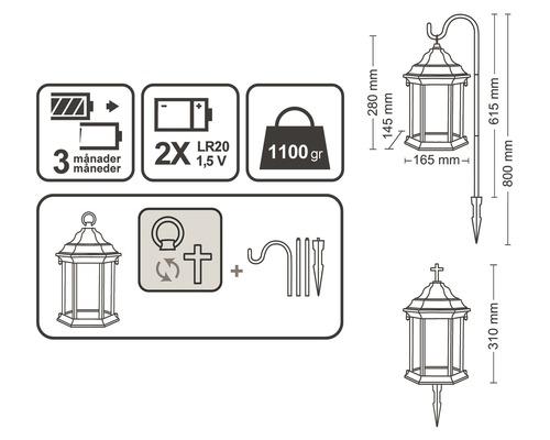 Information om gravlyktan: batteritid tre månader, kräver två batterier av typen LR20 1,5 volt, vikt 1100 gram, med markspett och upphängningsanordning, mått.