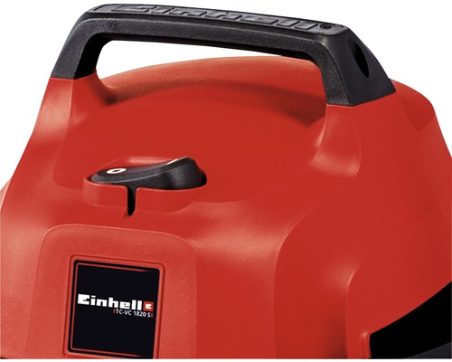 Detaljvy av en Einhell våt- och torrdammsugare med handtag, strömbrytare och Einhell-logotyp.