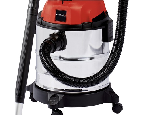 Einhell Logo. Våt- och torrdammsugare i rostfritt stål med hjul och slang