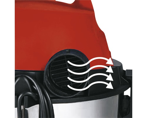 Detaljvy av en dammsugare med luftutsläppsgaller och luftflödespilar