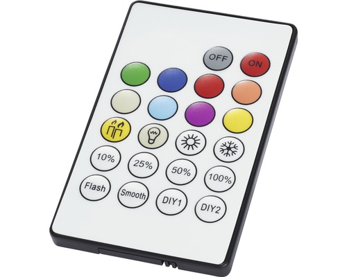 Fjärrkontroll med knappar för på/av, ljusstyrka och olika ljuseffekter