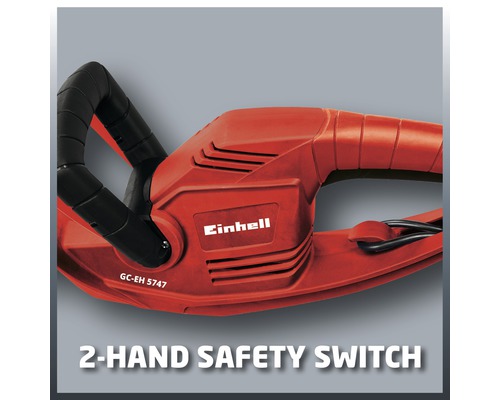 Einhell logotyp på en häcksax med tvåhands säkerhetsbrytare