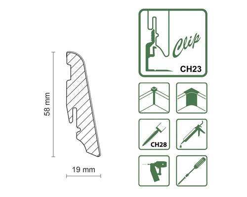 Teknisk ritning av en golvsockelprofil med måtten 58 mm höjd och 19 mm bredd, samt symboler för fastsättning.