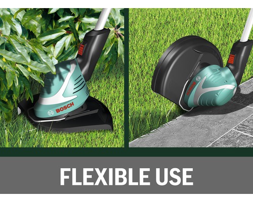 Två representationer av en grästrimmers flexibilitet vid trimning av gräsmattor och kanter. Bosch logotyp.